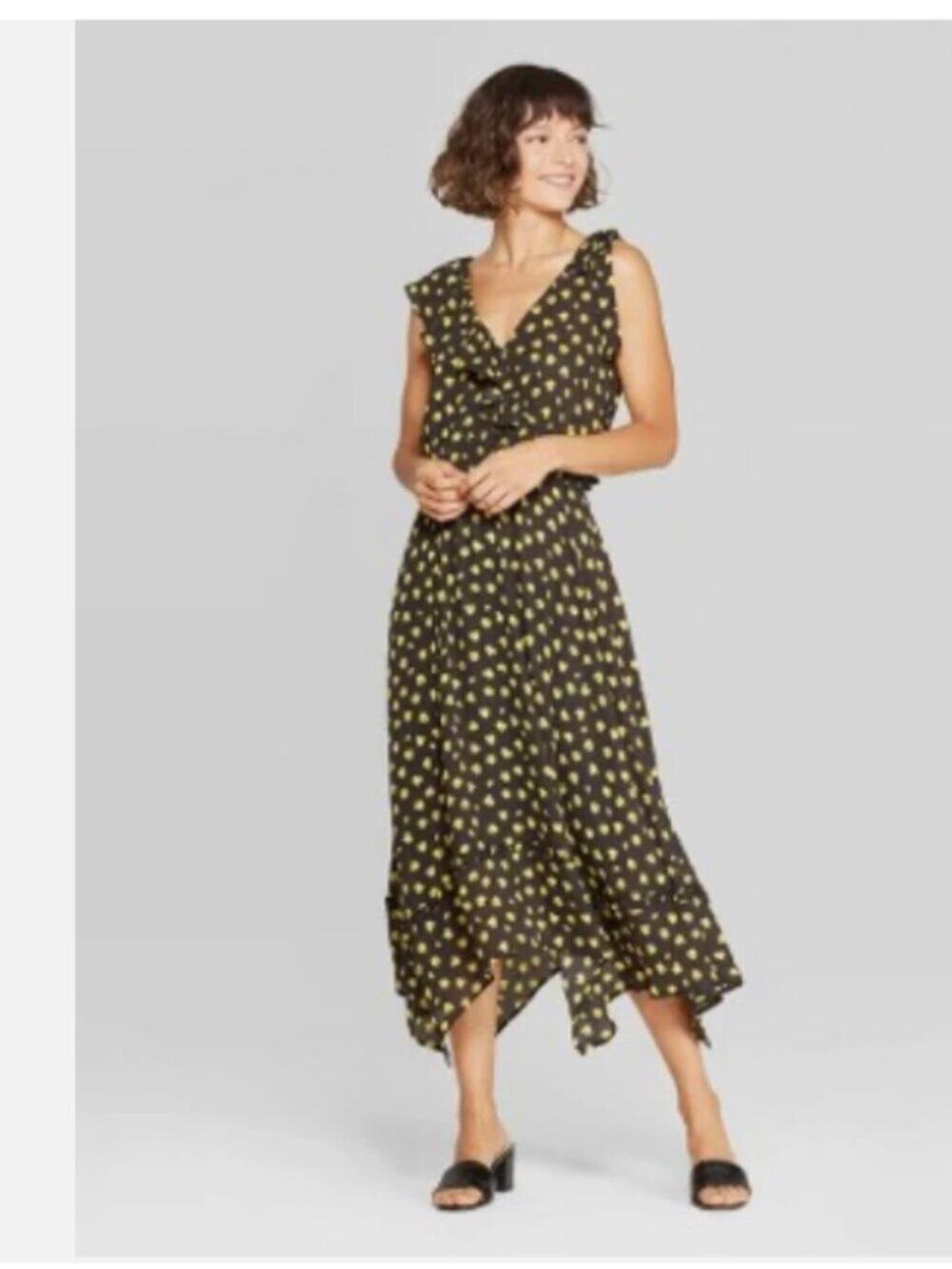 Who What Where Black Floral Ruffle V-Neck A-Line Midi Dress S678 Size M